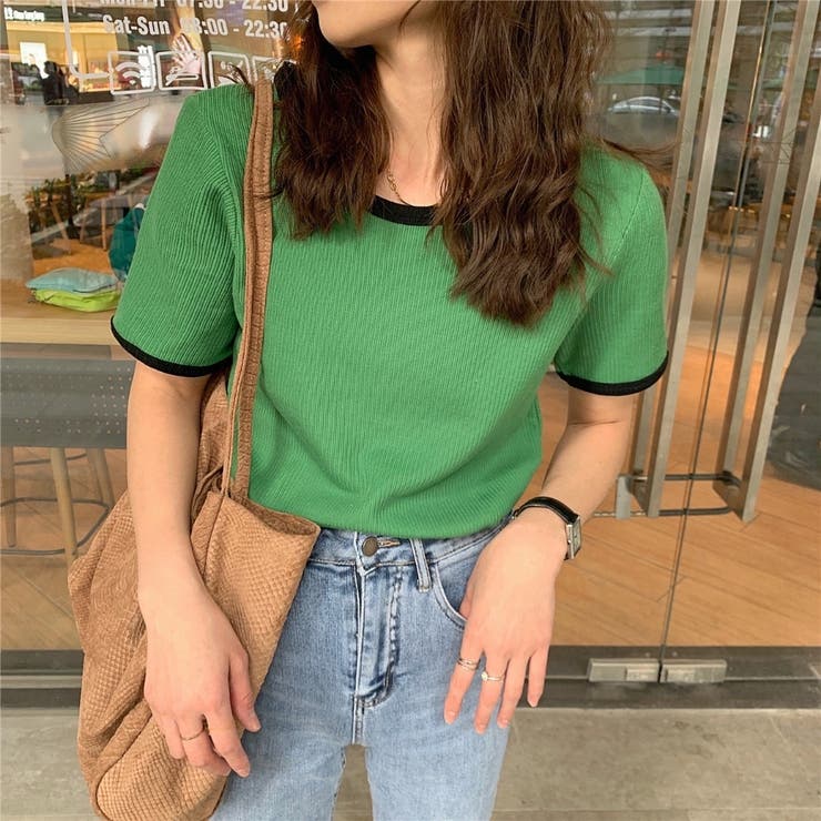 グリーン | バイカラーリブカットソー 韓国ファッション tシャツ | Beststore
