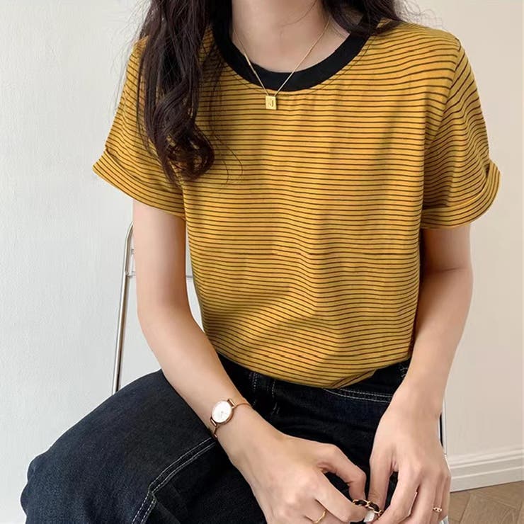 イエロー | バイカラーボーダーTシャツ 韓国ファッション tシャツ | Beststore