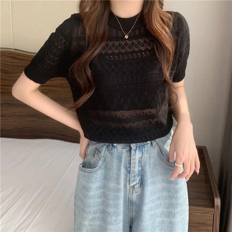 ブラック | 透け感 カットソー 半袖 | Beststore