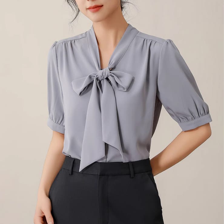 ブルー | ボウタイリボンブラウス トップス シャツ | Beststore