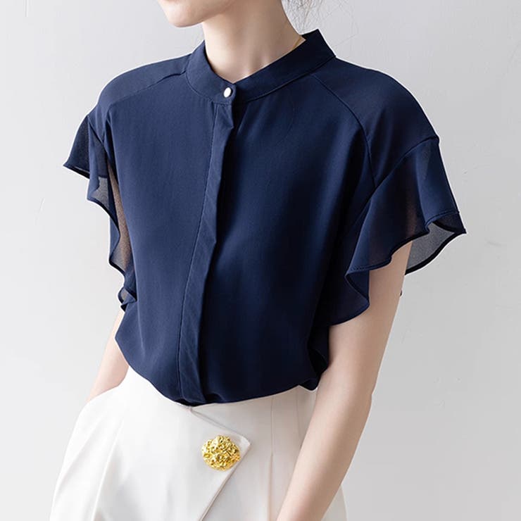 【1度だけ着用】フリル付きシフォン半袖トップス ブラック S セール】フリル半袖シフォンブラウス（シャツ/ブラウス）｜Lace