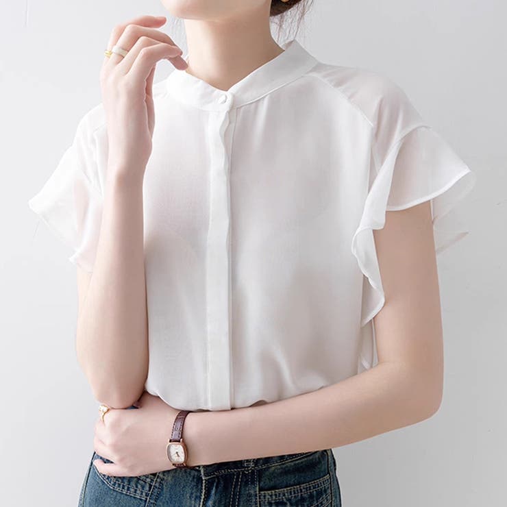 ふんわり シフォンブラウス フリル袖 バンドカラー 半袖 前開き 薄手 | Beststore | 詳細画像30 