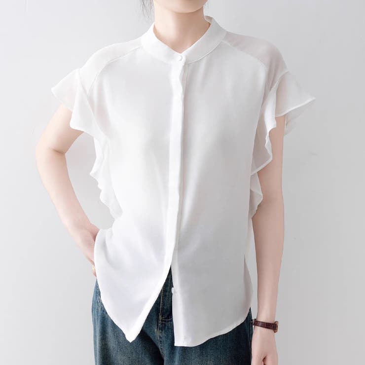 ふんわり シフォンブラウス フリル袖 バンドカラー 半袖 前開き 薄手 | Beststore | 詳細画像32 