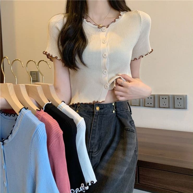 フリルデザインが可愛い Vネックリブニット 半袖 | Beststore | 詳細画像1 