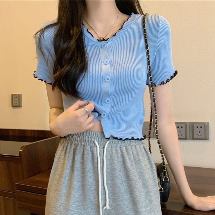 ブルー | フリルデザインが可愛い Vネックリブニット 半袖 | Beststore