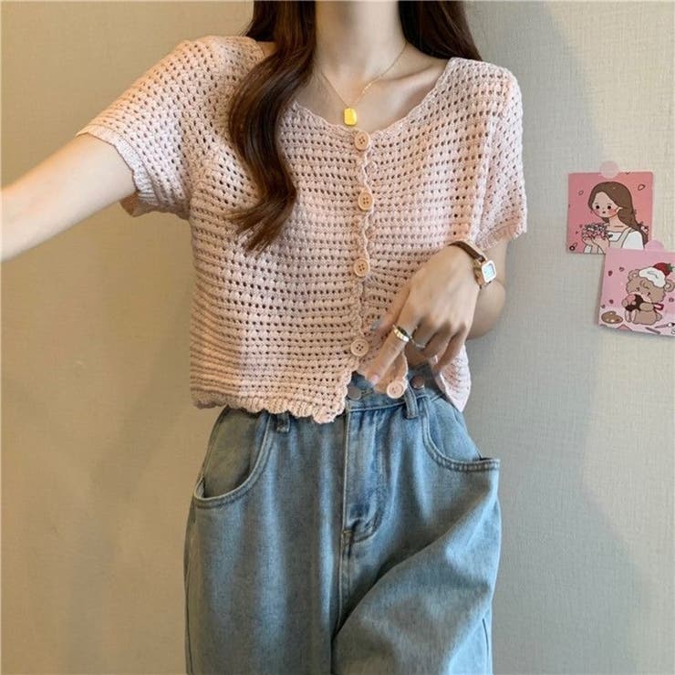 ライトピンク | フレンチレトロ 抜き襟 透かし編みニットカーディガン | Beststore