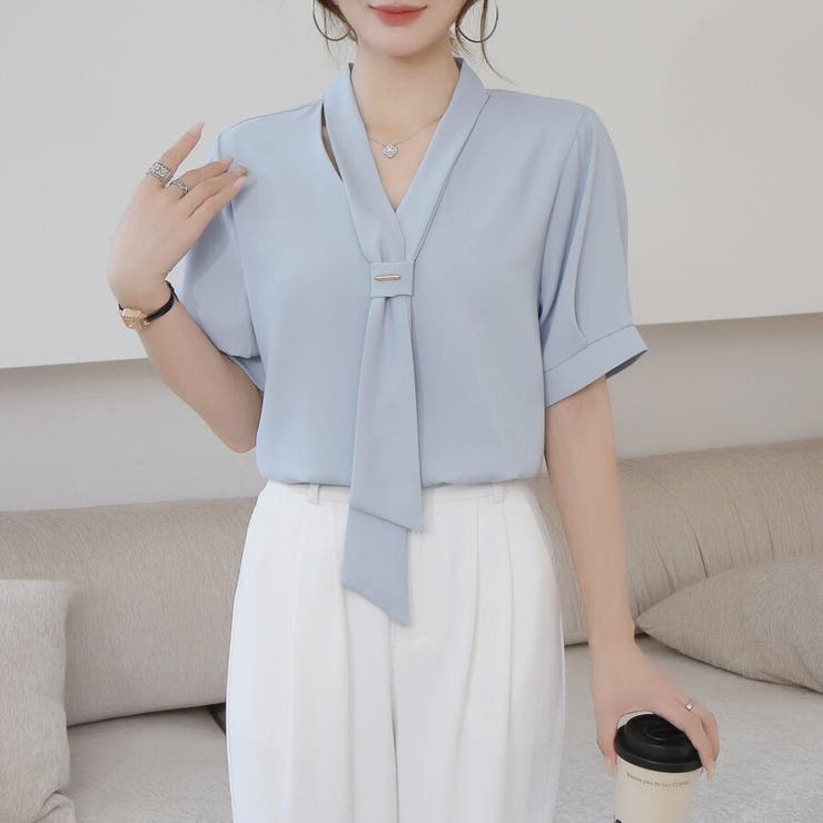 【洗練された大人の気品】ゴールドメタルアクセント Vネック ボウタイ風シフォンブ… | Beststore | 詳細画像6 