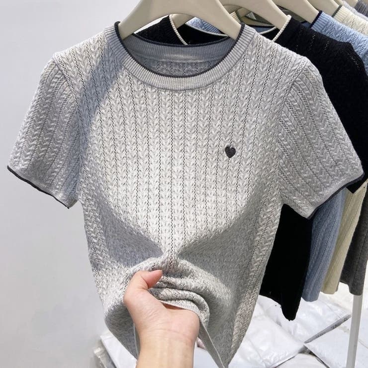 ハート刺繍 配色サマーニットトップス 半袖 | Beststore | 詳細画像11 
