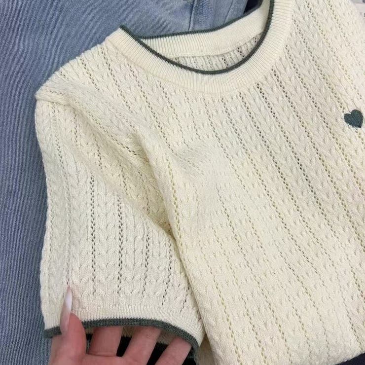ハート刺繍 配色サマーニットトップス 半袖 | Beststore | 詳細画像15 