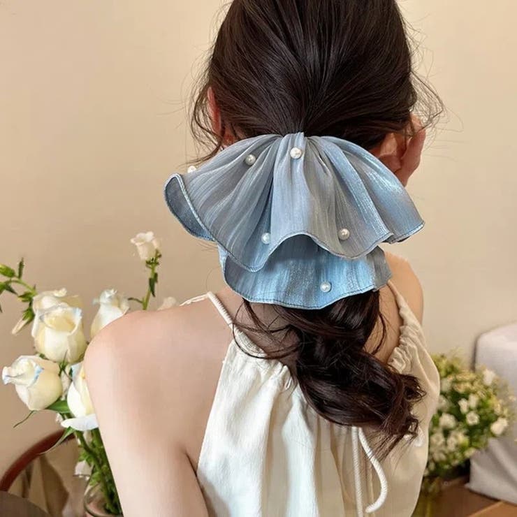 ブルー | パール付き シフォンボリュームフリルシュシュ ヘアアクセサリー | Beststore