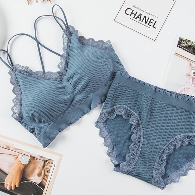 ブルー | 上下セット リブリボン ブラ＆ショーツ | Beststore