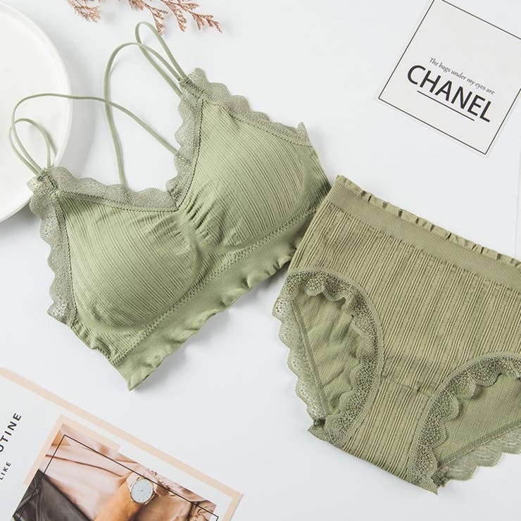 グリーン | 上下セット リブリボン ブラ＆ショーツ | Beststore