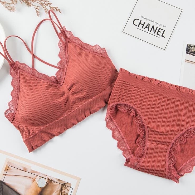 レッド | 上下セット リブリボン ブラ＆ショーツ | Beststore