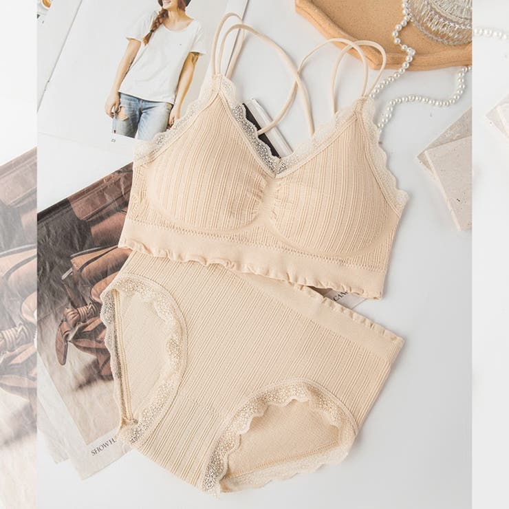 ライトベージュ | 上下セット リブリボン ブラ＆ショーツ | Beststore