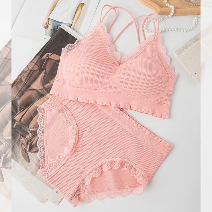 ピンク | 上下セット リブリボン ブラ＆ショーツ | Beststore