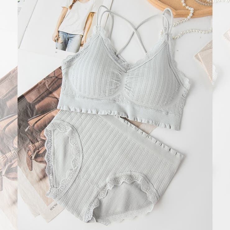 ライトグレー | 上下セット リブリボン ブラ＆ショーツ | Beststore