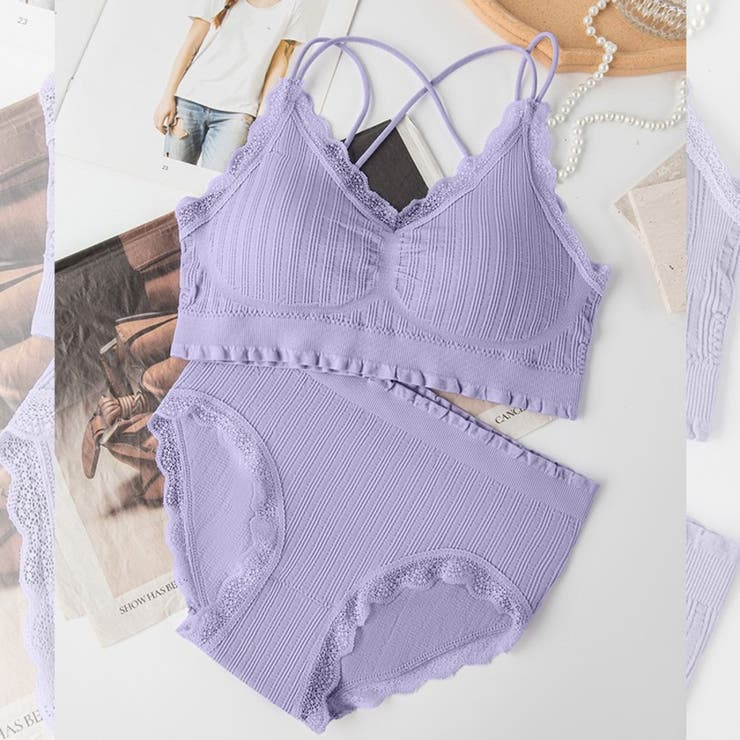パープル | 上下セット リブリボン ブラ＆ショーツ | Beststore