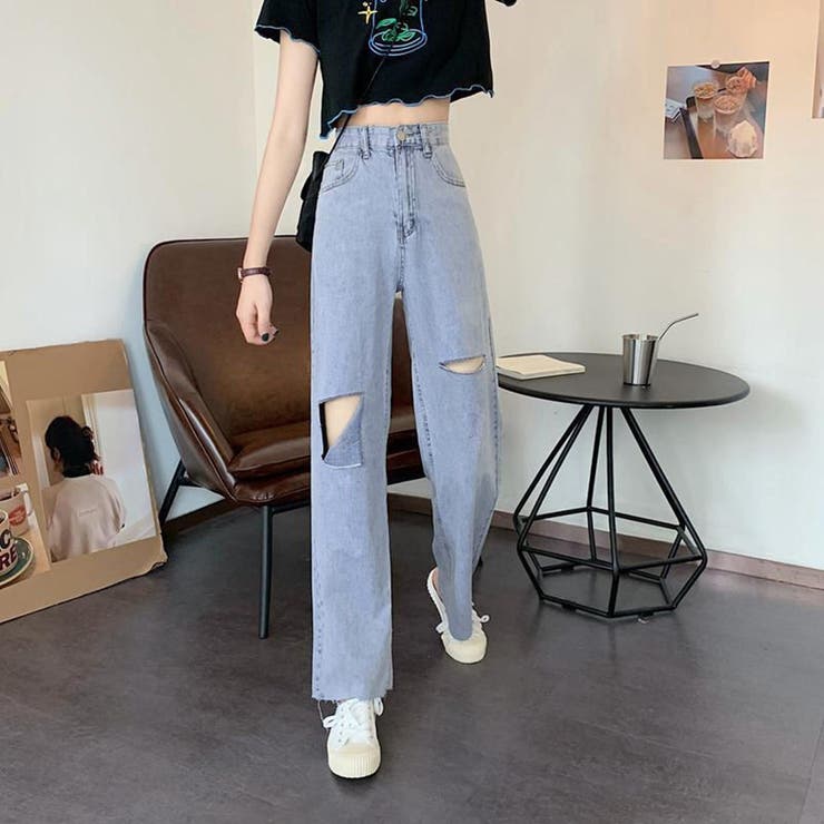 ワイド デニムパンツ ダメージ加工脚長[品番：BSRW0000347]｜Beststore