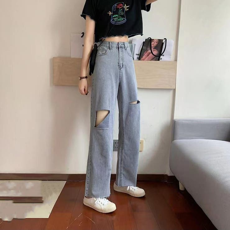 ワイドレッグパンツ デニム ジーンズ ダメージ加工 アメリカン ダメージ加工ワイドレッグデニムパンツ - ブルー | ZARA Japan