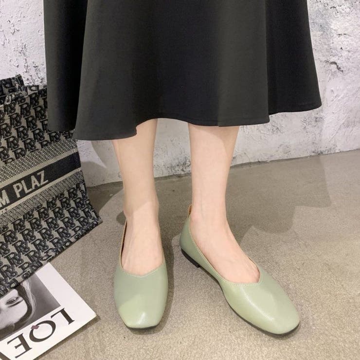 スクエアトゥパンプス フラットパンプス フラットシューズ[品番
