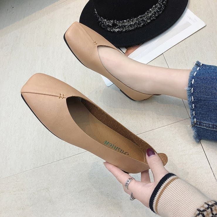 スクエアトゥパンプス フラットパンプス フラットシューズ[品番