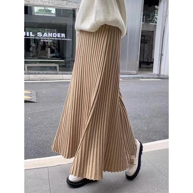 キャメル | ニットプリーツ ロングスカート | Bifrost