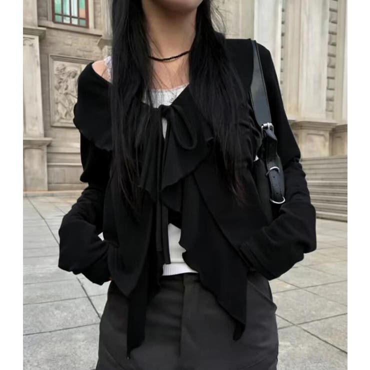 ブラック | フリル ラップカーディガン | Bifrost