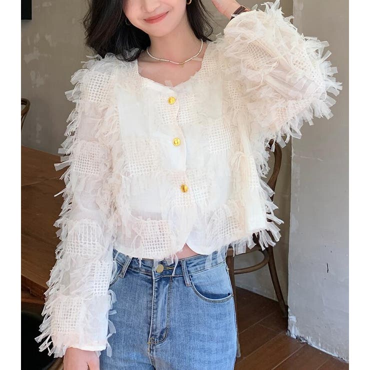 ベージュ | チュール フリル ショートカーディガン | Bifrost