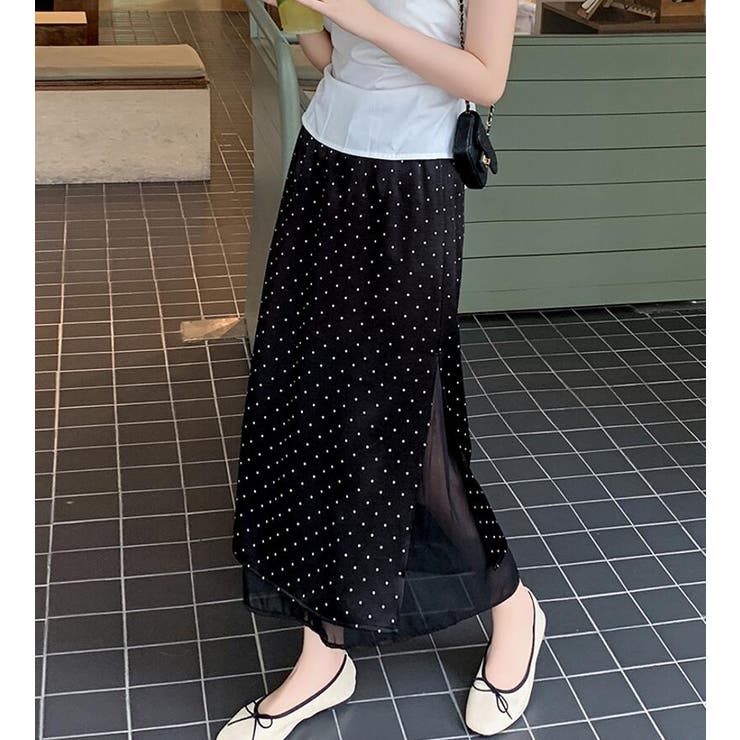 ブラック | ドットプリント ロングスカート | Bifrost