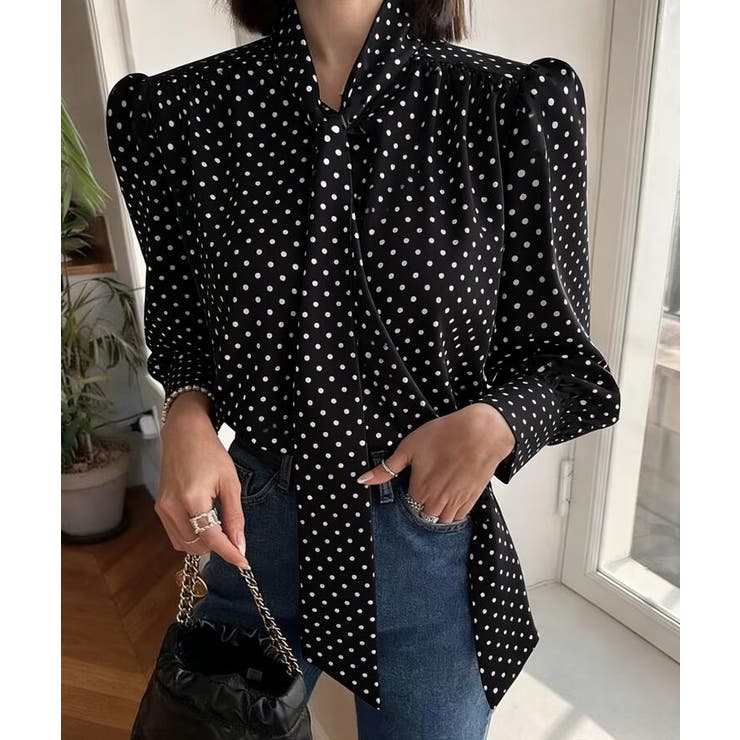 ブラック | ドット ネックリボン ブラウス | Bifrost