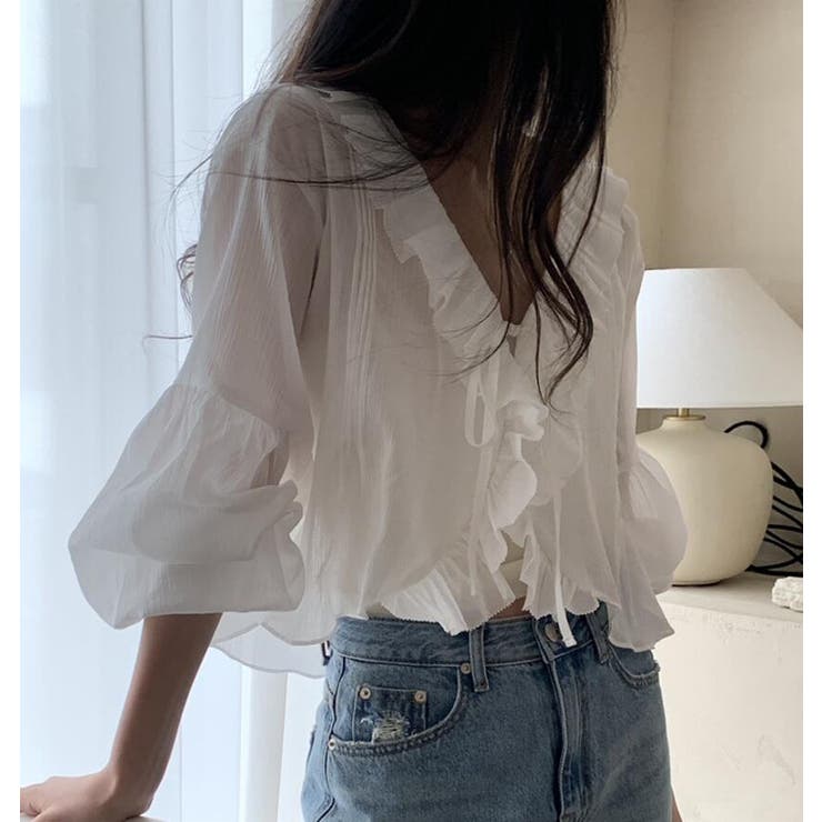 透け感 フリル クロップド ブラウス | Bifrost | 詳細画像1 