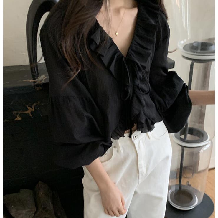 ブラック | 透け感 フリル クロップド ブラウス | Bifrost