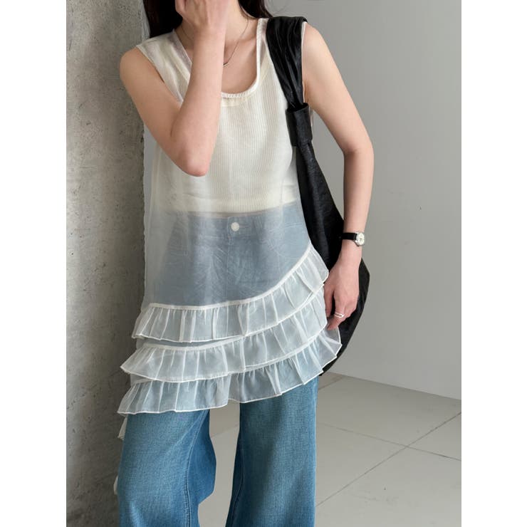 ベージュ | フレンチ アシメフリル ノースリーブ トップス | Bifrost