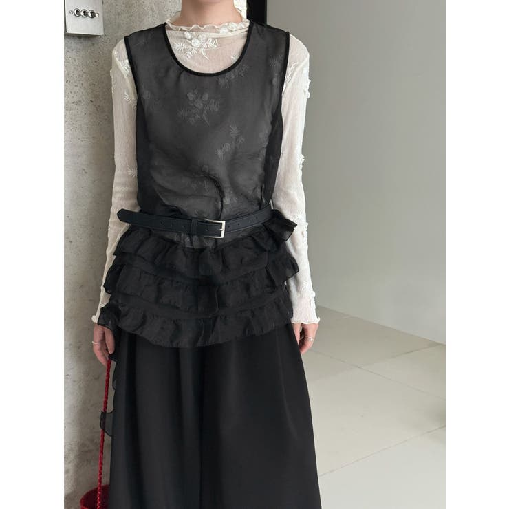 ブラック | フレンチ アシメフリル ノースリーブ トップス | Bifrost