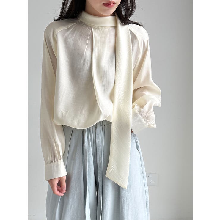 ベージュ | 2WAY ハイネック スカーフ ブラウス | Bifrost
