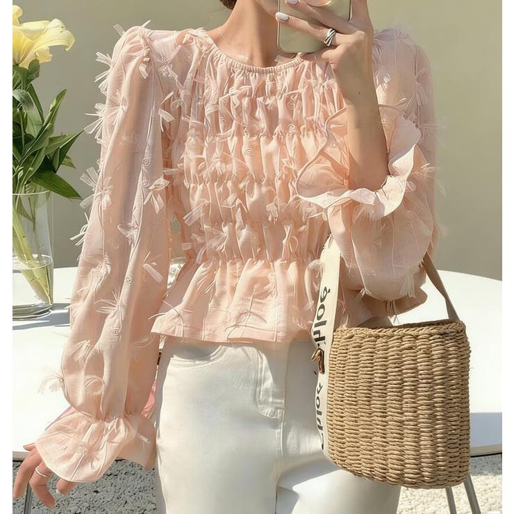 ピンク | フリルスリーブ シャーリング ブラウス | Bifrost