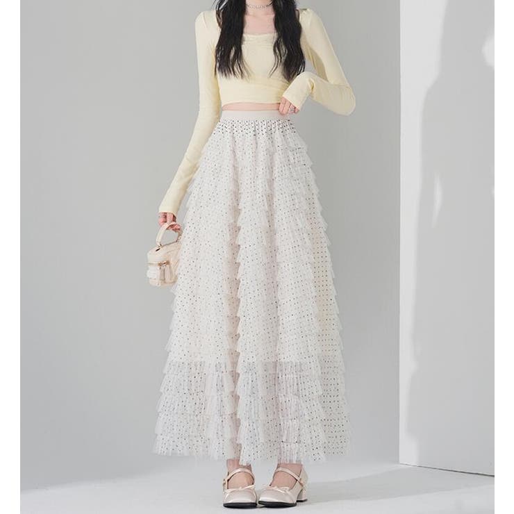 ホワイト | ドット ティアード チュール ロングスカート | Bifrost