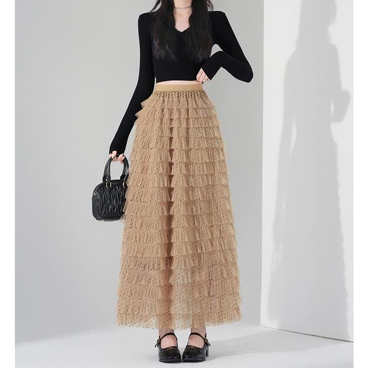 キャメル | ドット ティアード チュール ロングスカート | Bifrost