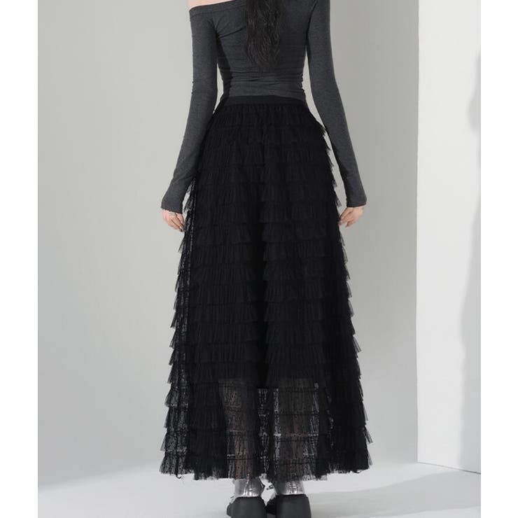 ブラック | ドット ティアード チュール ロングスカート | Bifrost
