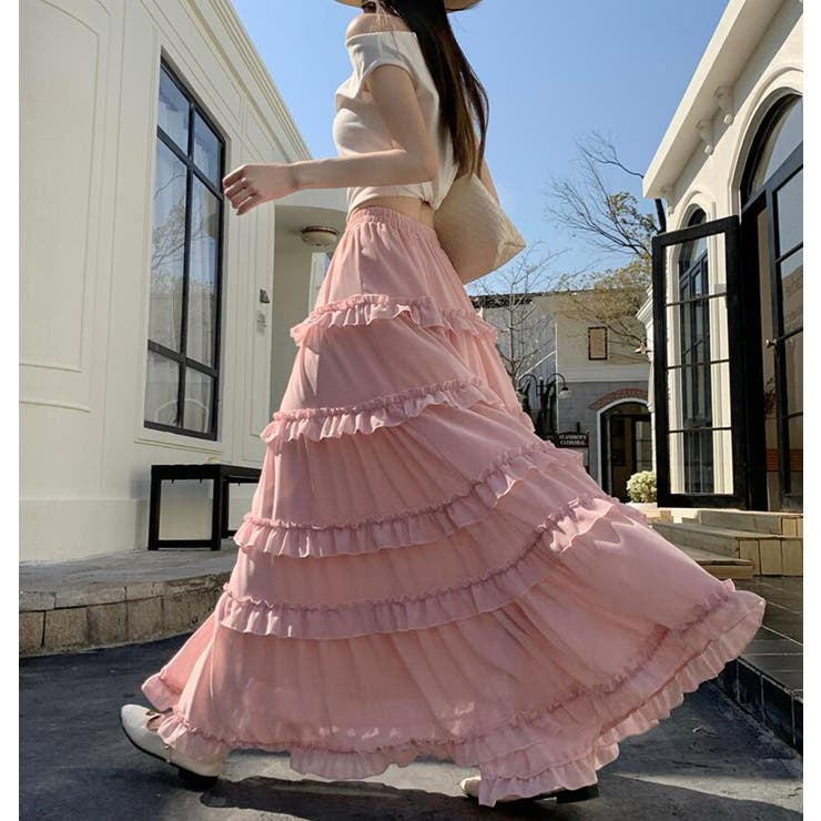 ピンク | ティアード フリル ロングスカート | Bifrost