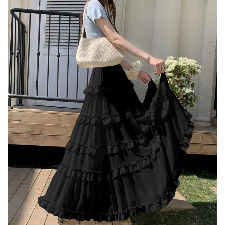 ブラック | ティアード フリル ロングスカート | Bifrost