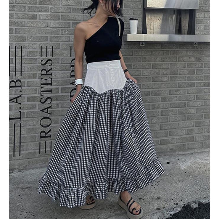 ブラック | 切り替え ギンガムチェック ボリュームスカート | Bifrost