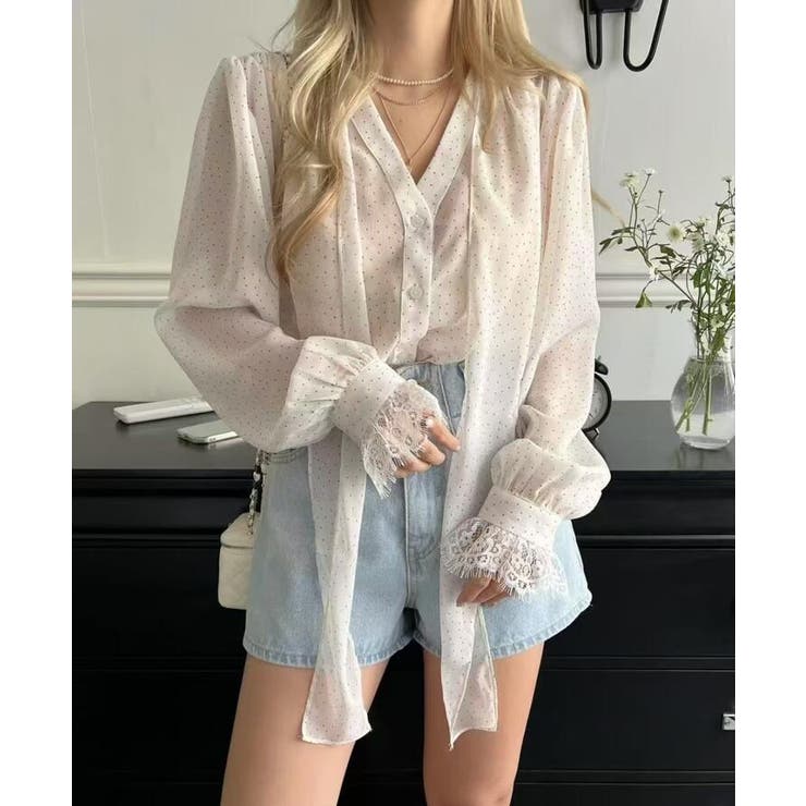 ホワイト | ボウタイ ドット シアーブラウス | Bifrost