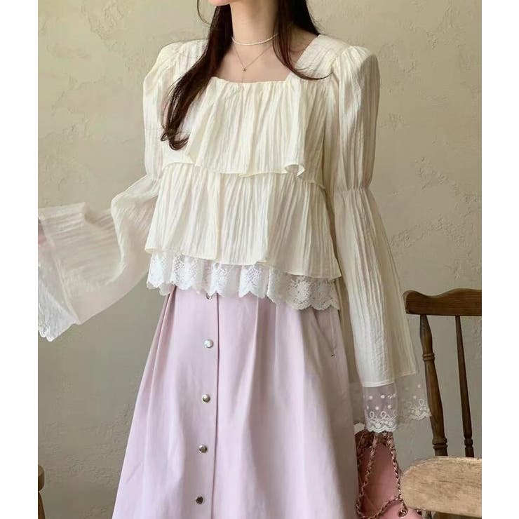 ホワイト | スクエアネック レースヘム クロップドトップス | Bifrost