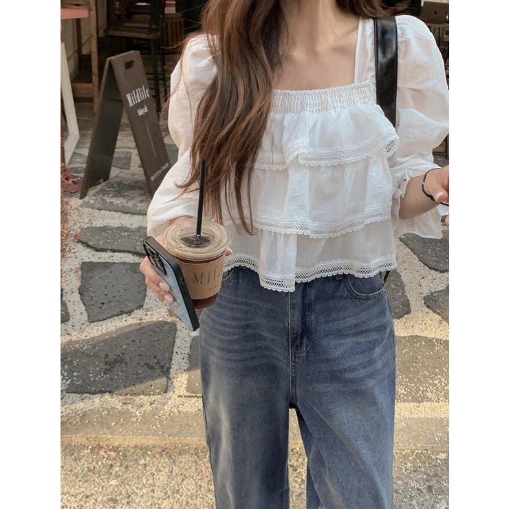 ホワイト | フリル レース クロップド ブラウス | Bifrost