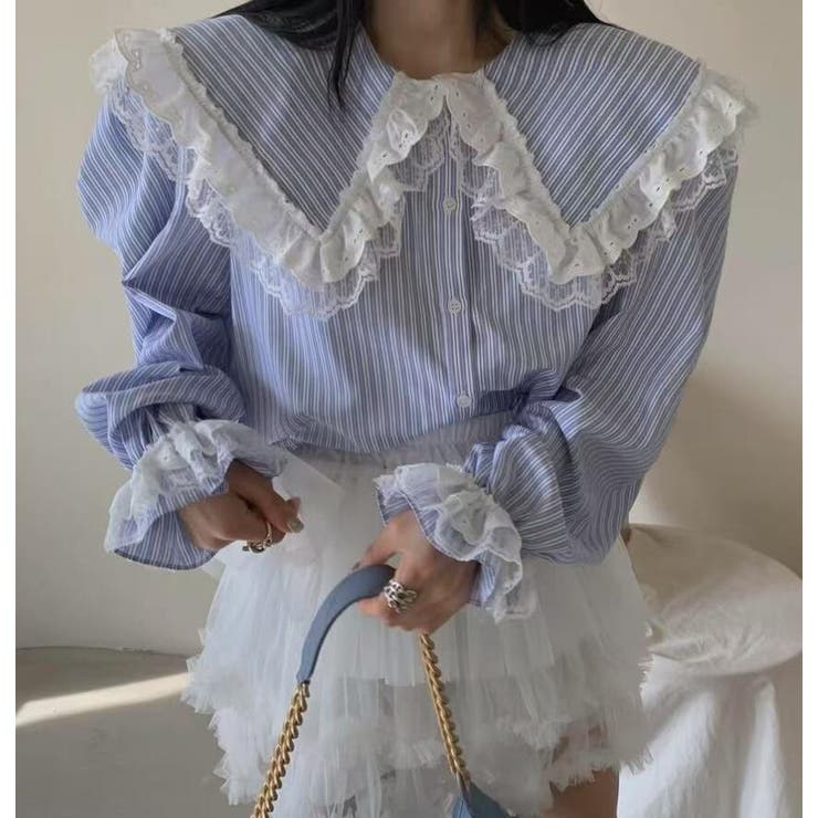 ブルー | ビッグカラー レース ストライプ ブラウス | Bifrost
