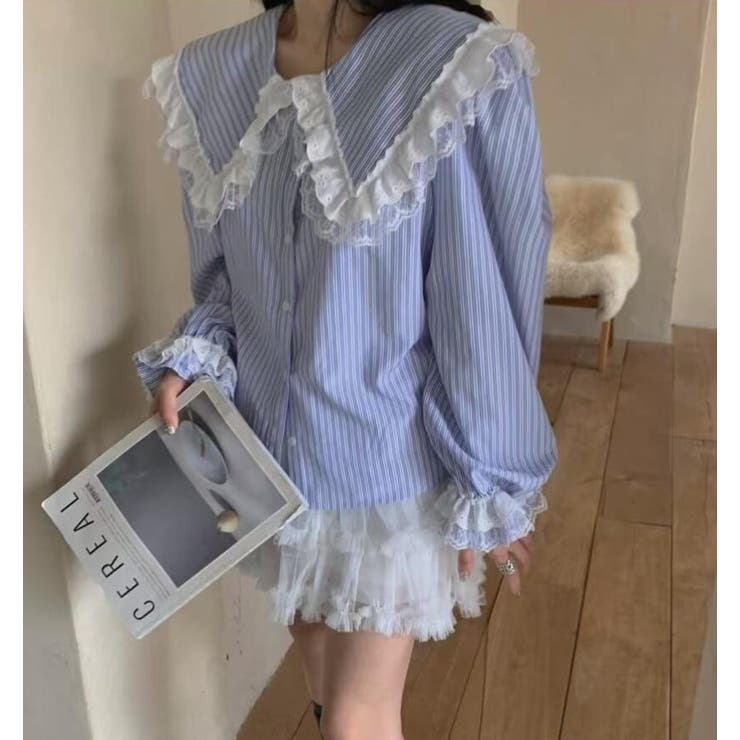 ビッグカラー レース ストライプ ブラウス | Bifrost | 詳細画像1 