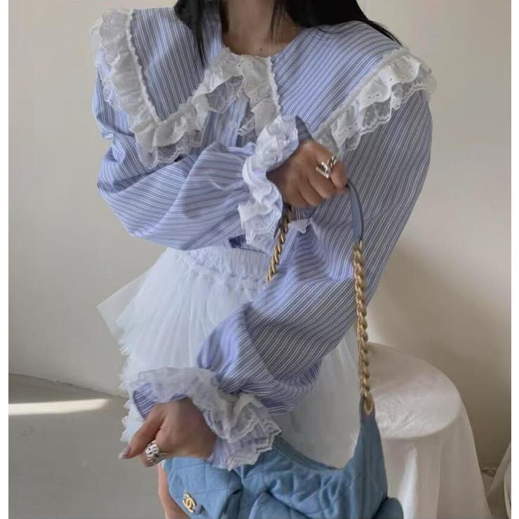 ビッグカラー レース ストライプ ブラウス | Bifrost | 詳細画像2 