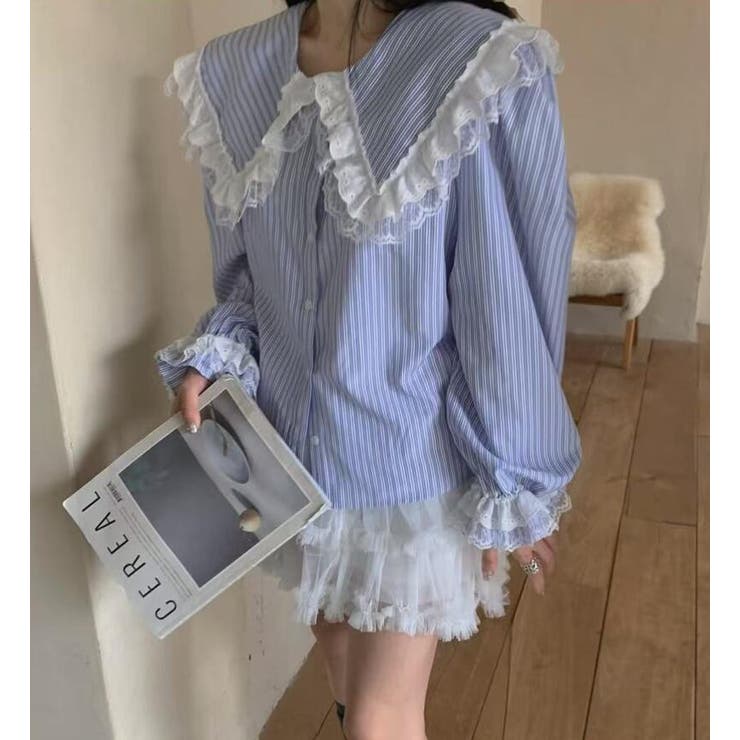 ビッグカラー レース ストライプ ブラウス | Bifrost | 詳細画像3 