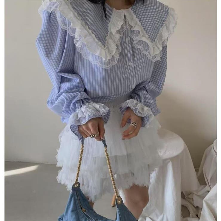 ビッグカラー レース ストライプ ブラウス | Bifrost | 詳細画像4 